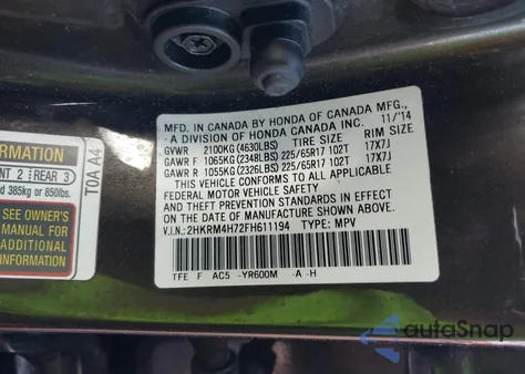 2015 Honda Cr-V Ex-L from USA, damaged, VIN 2HKRM4H72FH611194